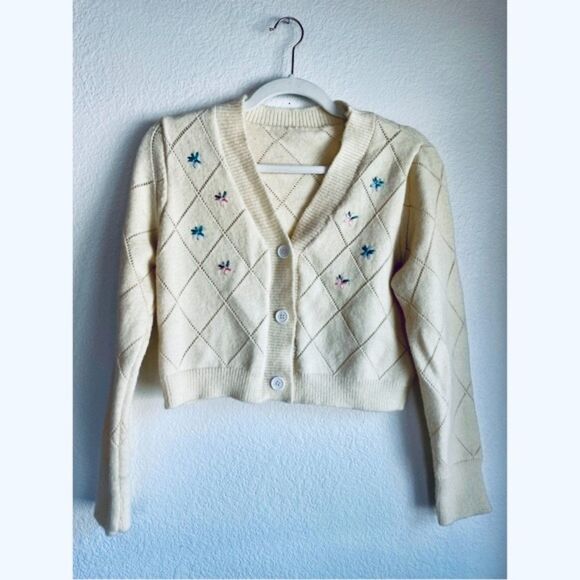 UNNI Cottagecore Cream Lattice Knit Cropped Cardigan with Floral Embroidery Sz S - Picture 5 of 10